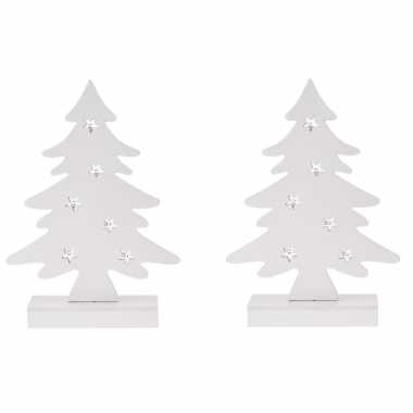 2x stuks wit houten kerstboompjes decoraties 28 cm met led verlichting