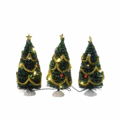 3x kerstdorp kerstboompjes met verlichting 16 cm