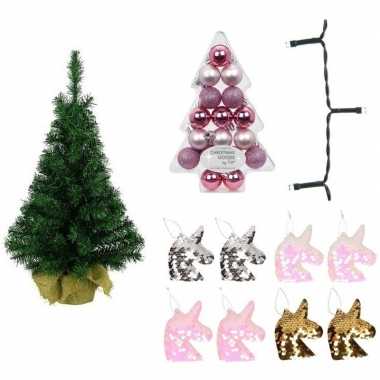 Eenhoorn/unicorn kerstboom met verlichting en kerstballen 75 cm