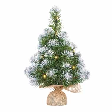 Mini kunst kerstboom/kunstboom in jute zak met verlichting en sneeuw 45 cm